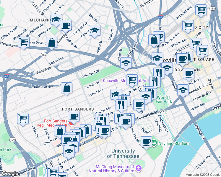 map of restaurants, bars, coffee shops, grocery stores, and more near 1512 Forest Avenue in Knoxville