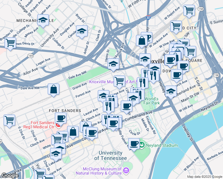 map of restaurants, bars, coffee shops, grocery stores, and more near 1319 Highland Avenue in Knoxville