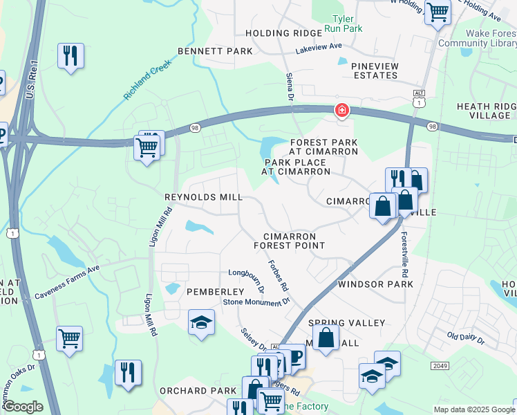 map of restaurants, bars, coffee shops, grocery stores, and more near 345 Amherst Creek Drive in Wake Forest