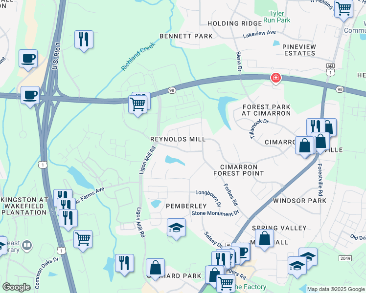 map of restaurants, bars, coffee shops, grocery stores, and more near 1412 Reynolds Mill Road in Wake Forest