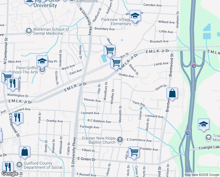 map of restaurants, bars, coffee shops, grocery stores, and more near 208 Woodbury Street in High Point