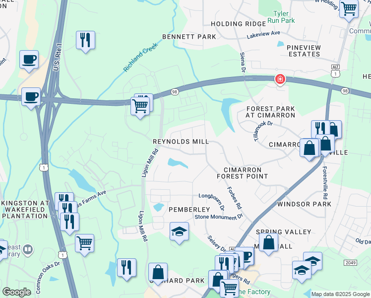 map of restaurants, bars, coffee shops, grocery stores, and more near 1412 Reynolds Mill Road in Wake Forest