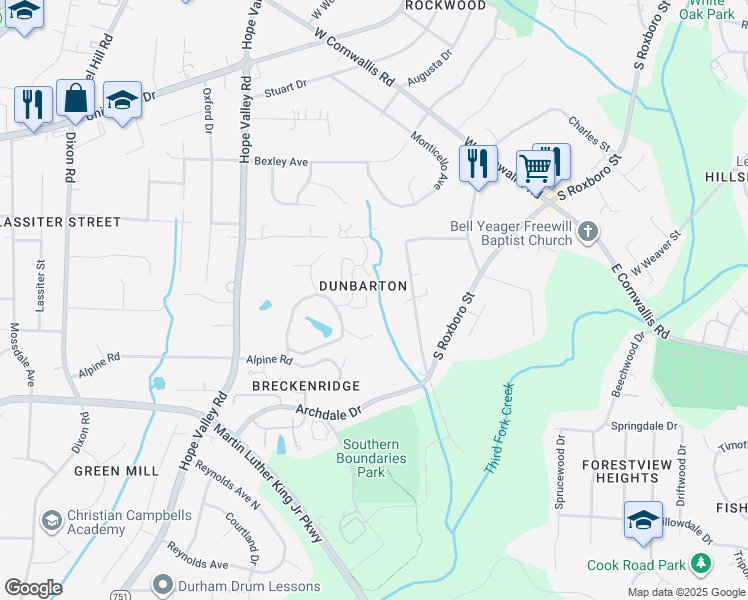 map of restaurants, bars, coffee shops, grocery stores, and more near 174 Montrose Drive in Durham