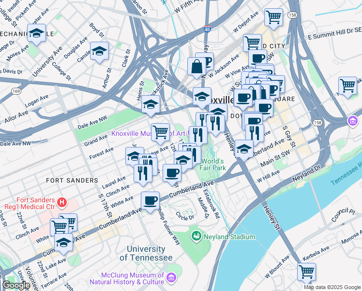 map of restaurants, bars, coffee shops, grocery stores, and more near 410 Sir Keegan Way in Knoxville