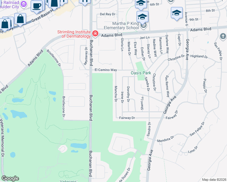 map of restaurants, bars, coffee shops, grocery stores, and more near 1520 Mancha Drive in Boulder City
