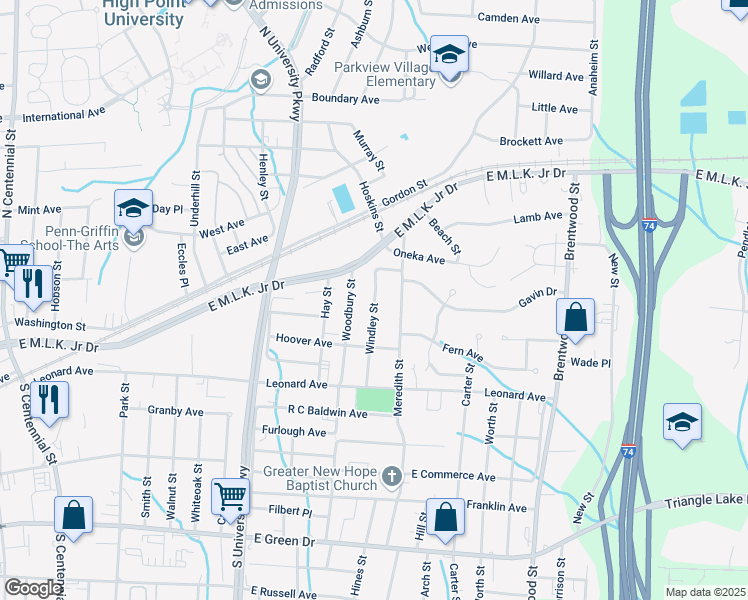 map of restaurants, bars, coffee shops, grocery stores, and more near 207 Windley Street in High Point
