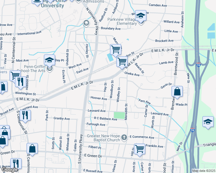 map of restaurants, bars, coffee shops, grocery stores, and more near 309 Hay Street in High Point