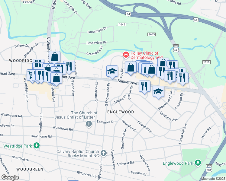 map of restaurants, bars, coffee shops, grocery stores, and more near 101 South Englewood Drive in Rocky Mount