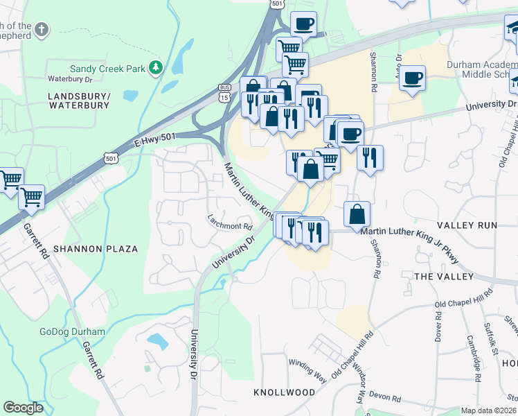 map of restaurants, bars, coffee shops, grocery stores, and more near 4600 University Drive in Durham