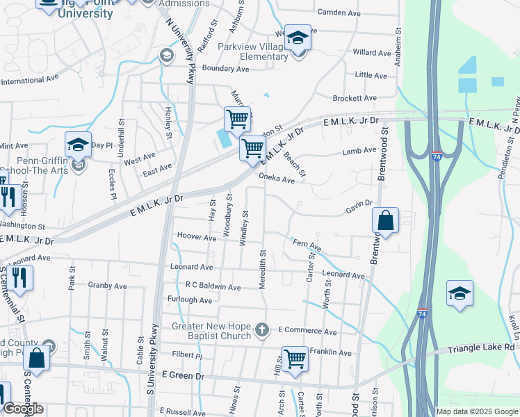 map of restaurants, bars, coffee shops, grocery stores, and more near 207 Windley Street in High Point