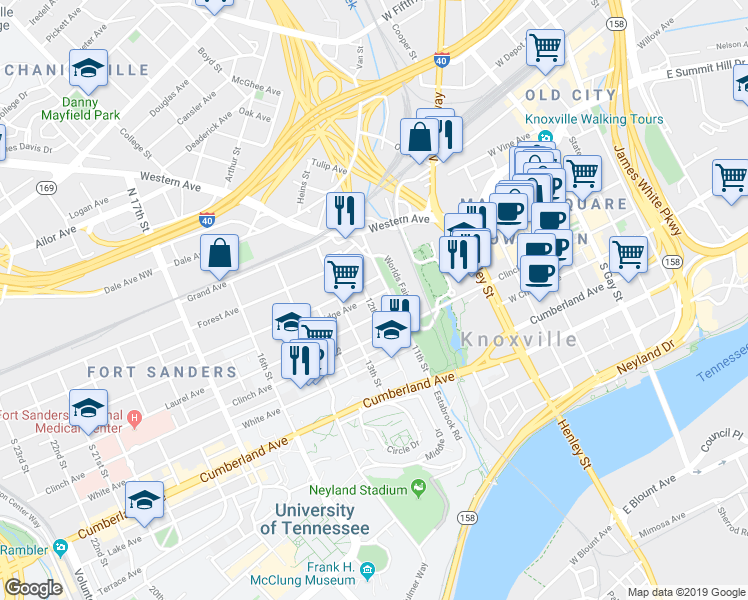 map of restaurants, bars, coffee shops, grocery stores, and more near 1105 Bridge Avenue in Knoxville