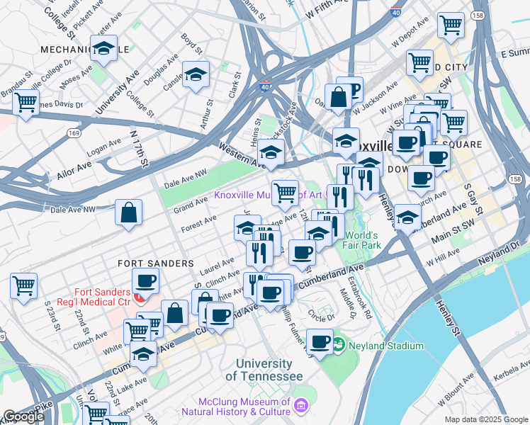 map of restaurants, bars, coffee shops, grocery stores, and more near 1316 Forest Avenue in Knoxville