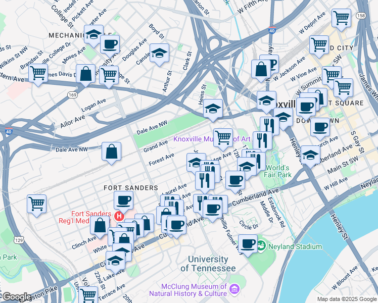 map of restaurants, bars, coffee shops, grocery stores, and more near 1516 Forest Avenue in Knoxville