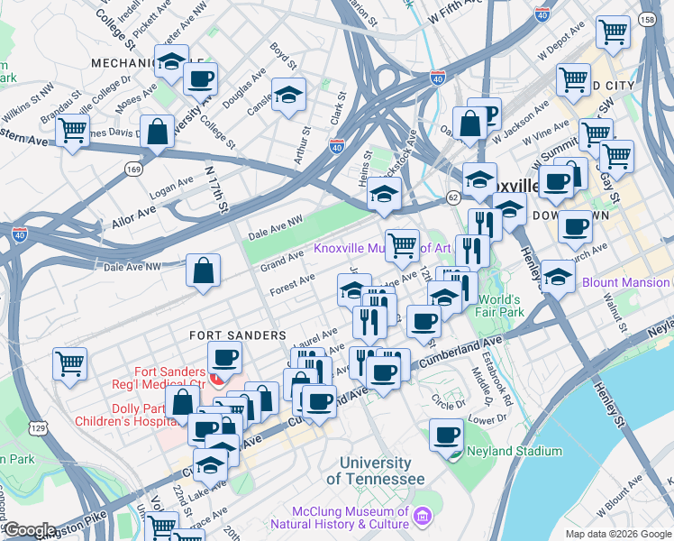 map of restaurants, bars, coffee shops, grocery stores, and more near 1516 Forest Avenue in Knoxville