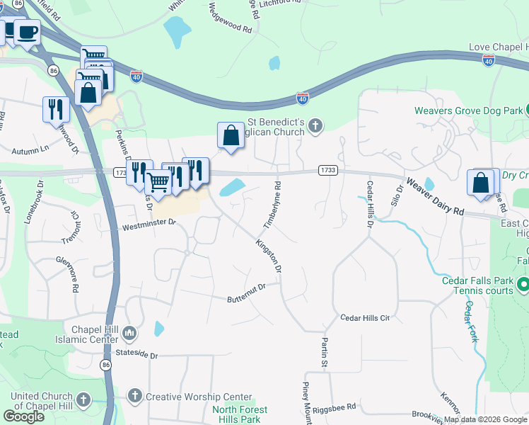 map of restaurants, bars, coffee shops, grocery stores, and more near 12 Timberlyne Road in Chapel Hill