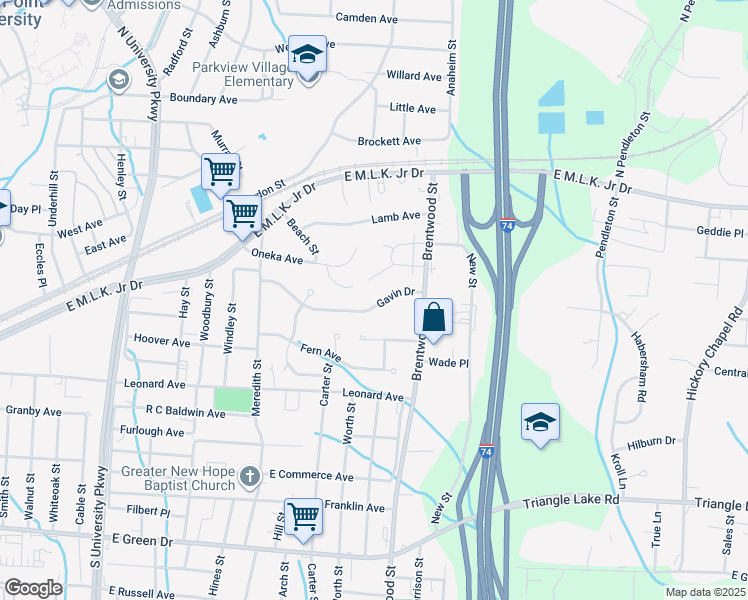 map of restaurants, bars, coffee shops, grocery stores, and more near 1725 Gavin Drive in High Point
