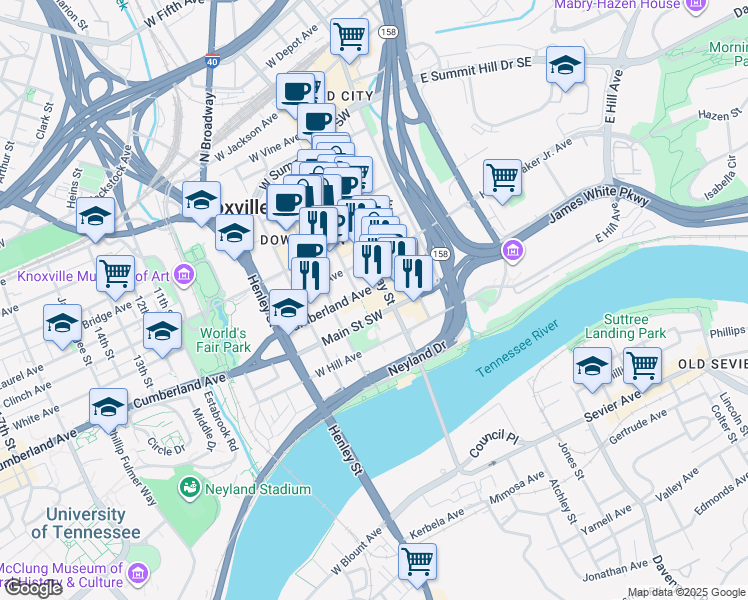 map of restaurants, bars, coffee shops, grocery stores, and more near 800 Market Street in Knoxville