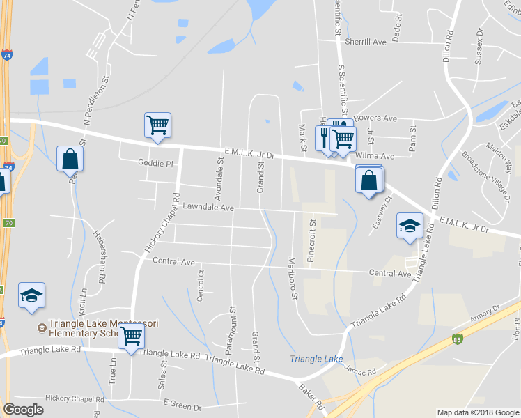 map of restaurants, bars, coffee shops, grocery stores, and more near 299 Grand Street in High Point