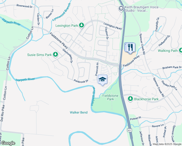 map of restaurants, bars, coffee shops, grocery stores, and more near 7043 Penbrook Drive in Franklin