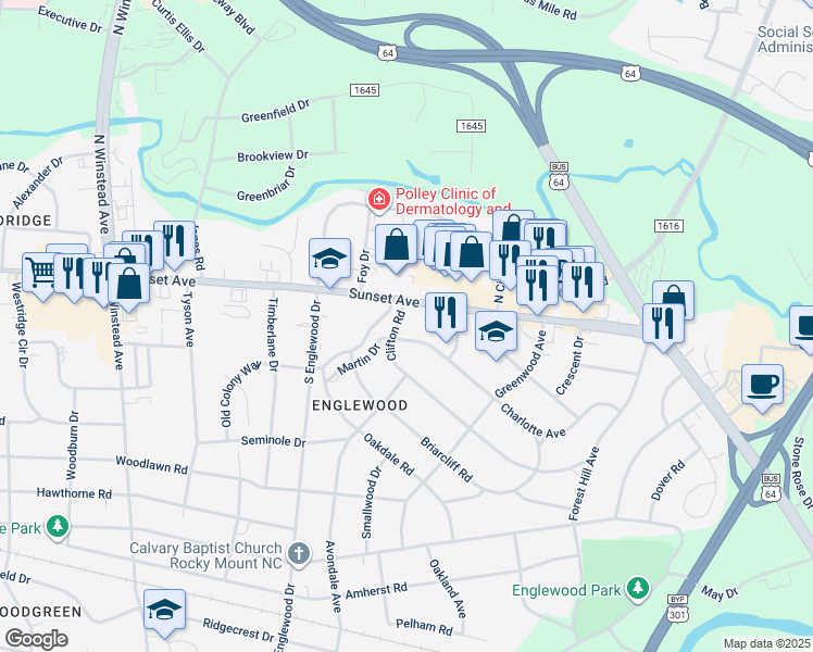 map of restaurants, bars, coffee shops, grocery stores, and more near 508 Clifton Road in Rocky Mount