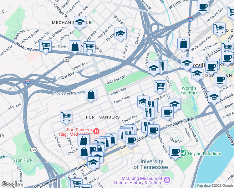 map of restaurants, bars, coffee shops, grocery stores, and more near 1616 Grand Avenue in Knoxville