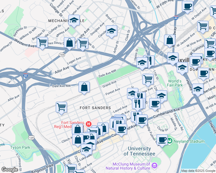 map of restaurants, bars, coffee shops, grocery stores, and more near 1616 Grand Avenue in Knoxville