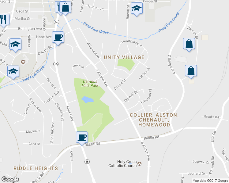 map of restaurants, bars, coffee shops, grocery stores, and more near 1700 Capps Street in Durham