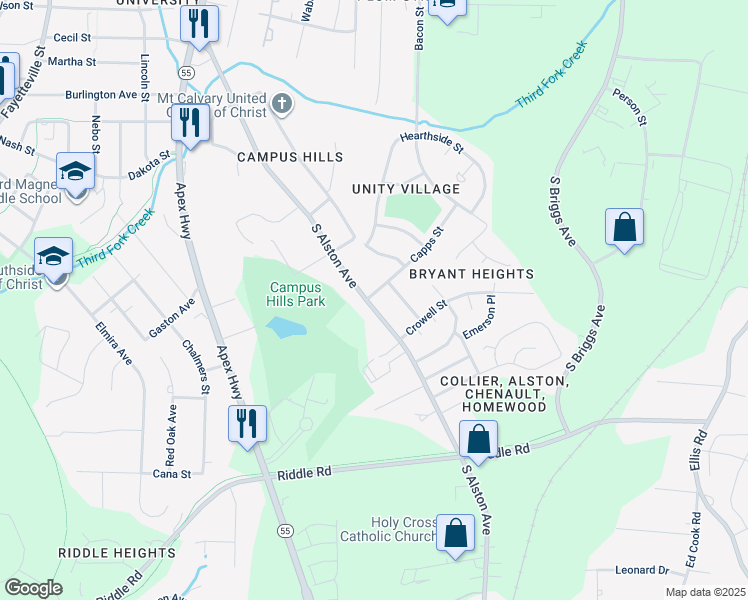 map of restaurants, bars, coffee shops, grocery stores, and more near 1700 Capps Street in Durham