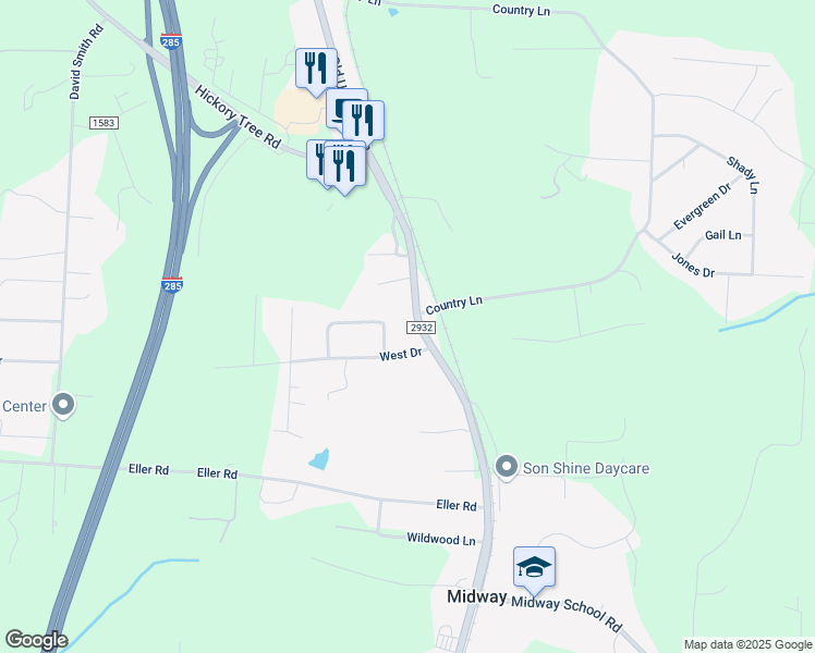 map of restaurants, bars, coffee shops, grocery stores, and more near 180 Tower Circle Drive in Winston-Salem