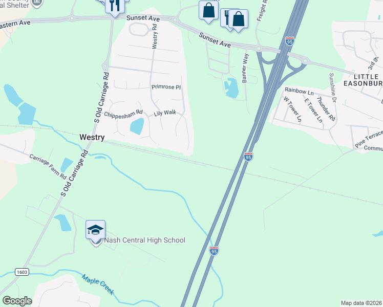 map of restaurants, bars, coffee shops, grocery stores, and more near 4552 Lily Walk in Rocky Mount