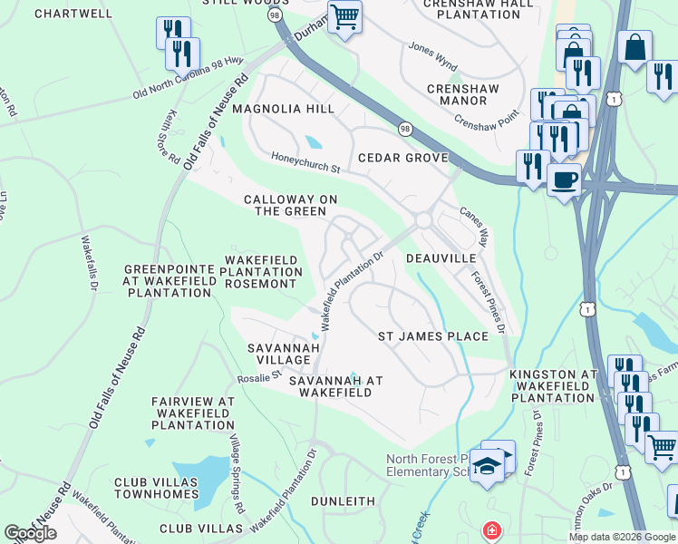 map of restaurants, bars, coffee shops, grocery stores, and more near 12202 Orchardgrass Lane in Raleigh