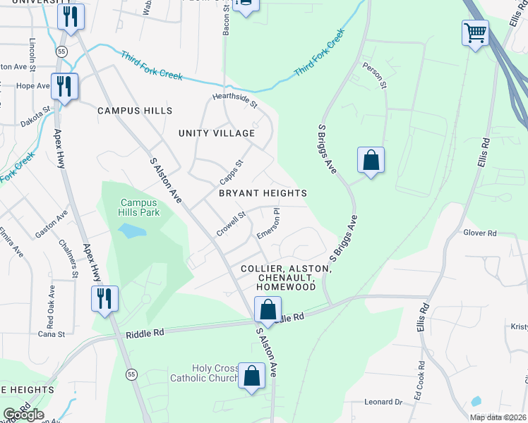 map of restaurants, bars, coffee shops, grocery stores, and more near 1901 Crowell Street in Durham