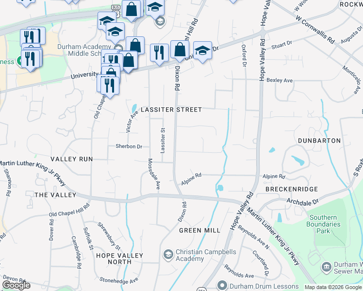 map of restaurants, bars, coffee shops, grocery stores, and more near 2712 Winton Road in Durham