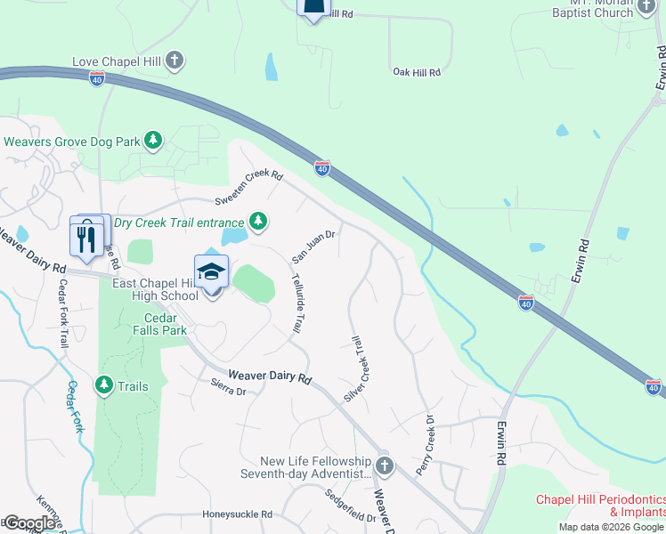 map of restaurants, bars, coffee shops, grocery stores, and more near 207 Alta Court in Chapel Hill