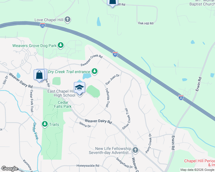 map of restaurants, bars, coffee shops, grocery stores, and more near 102 San Juan Drive in Chapel Hill
