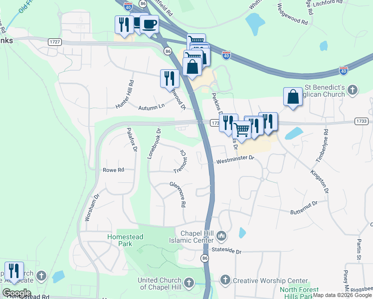 map of restaurants, bars, coffee shops, grocery stores, and more near 1751 Martin Luther King Junior Boulevard in Chapel Hill