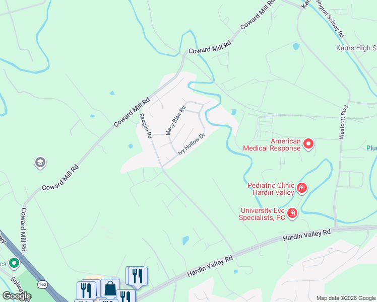 map of restaurants, bars, coffee shops, grocery stores, and more near 10385 Ivy Hollow Drive in Knoxville