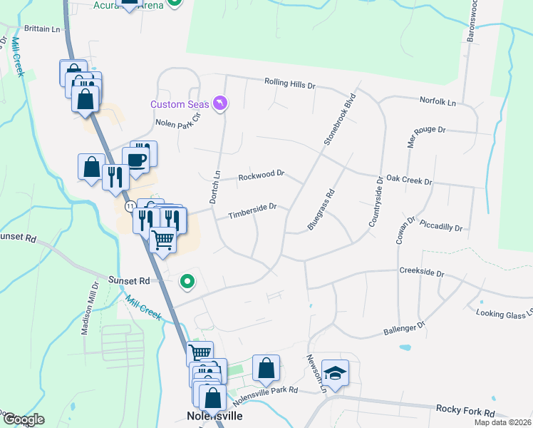 map of restaurants, bars, coffee shops, grocery stores, and more near 911 Timberside Drive in Nolensville