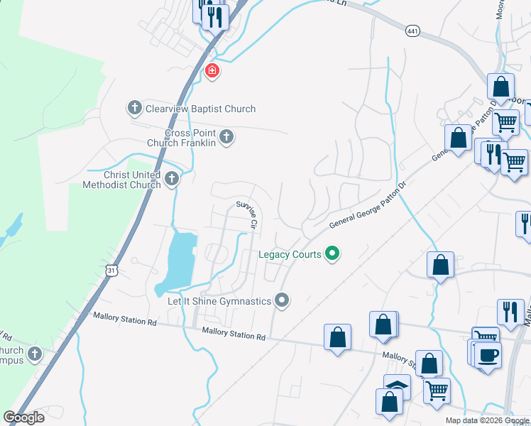 map of restaurants, bars, coffee shops, grocery stores, and more near 1821 Brentwood Point in Franklin