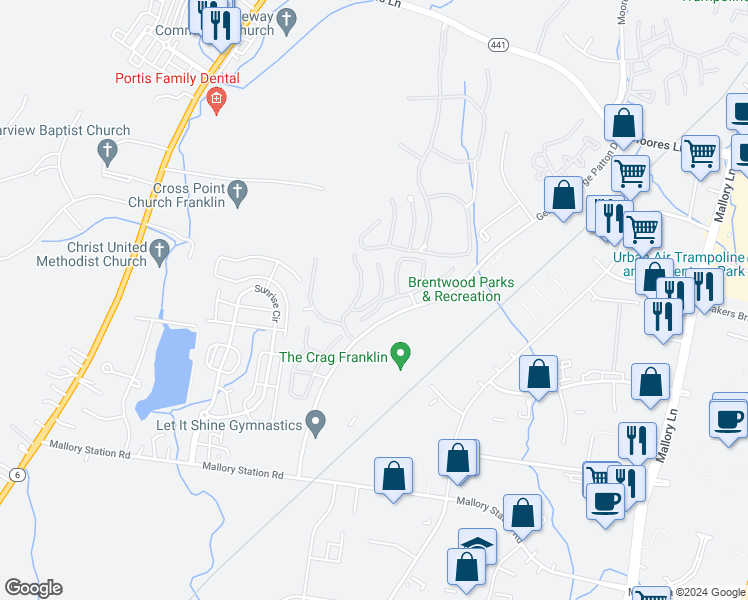 map of restaurants, bars, coffee shops, grocery stores, and more near 1637 Brentwood Pointe in Franklin