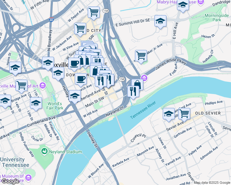 map of restaurants, bars, coffee shops, grocery stores, and more near 1000 State Street in Knoxville