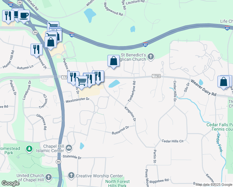 map of restaurants, bars, coffee shops, grocery stores, and more near 201 Silver Cedar Court in Chapel Hill