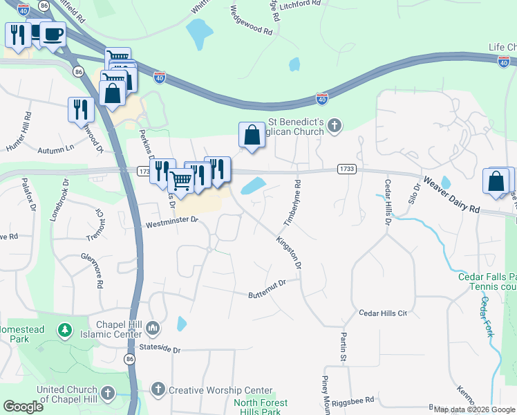 map of restaurants, bars, coffee shops, grocery stores, and more near 201 Silver Cedar Court in Chapel Hill