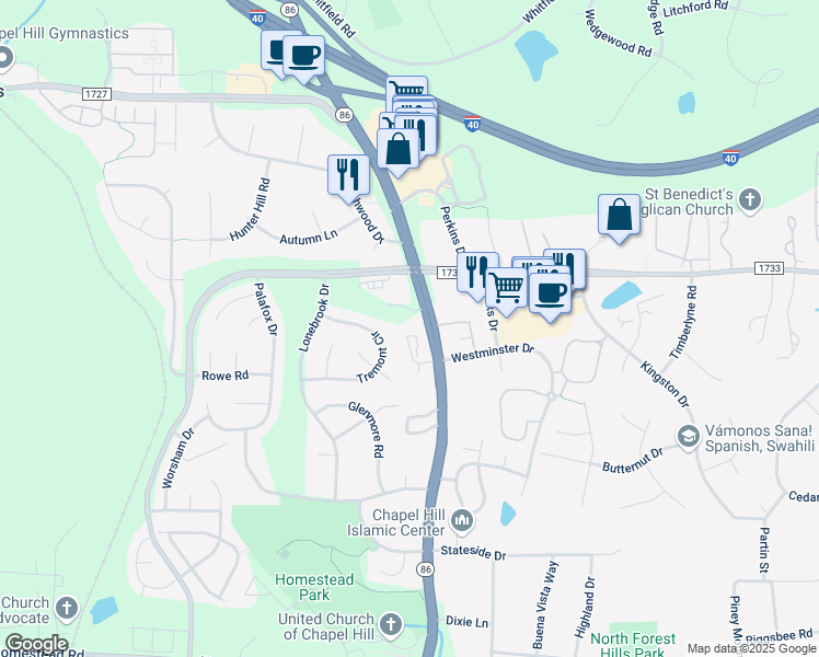 map of restaurants, bars, coffee shops, grocery stores, and more near 1711 Martin Luther King Junior Boulevard in Chapel Hill