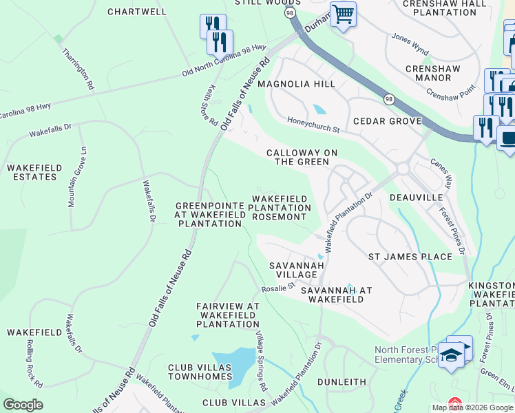 map of restaurants, bars, coffee shops, grocery stores, and more near 2333 Victoria Park Lane in Raleigh