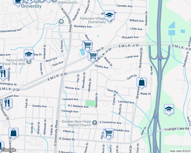 map of restaurants, bars, coffee shops, grocery stores, and more near 410 Meredith Street in High Point