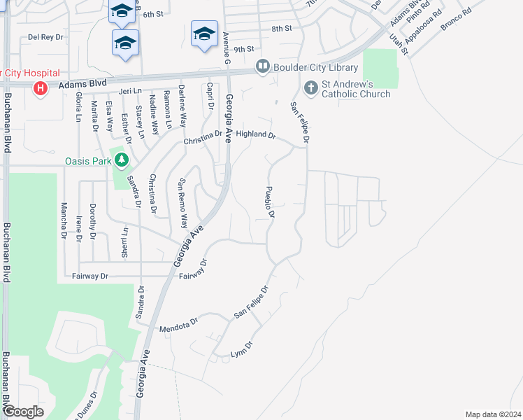 map of restaurants, bars, coffee shops, grocery stores, and more near 1424 Pueblo Drive in Boulder City