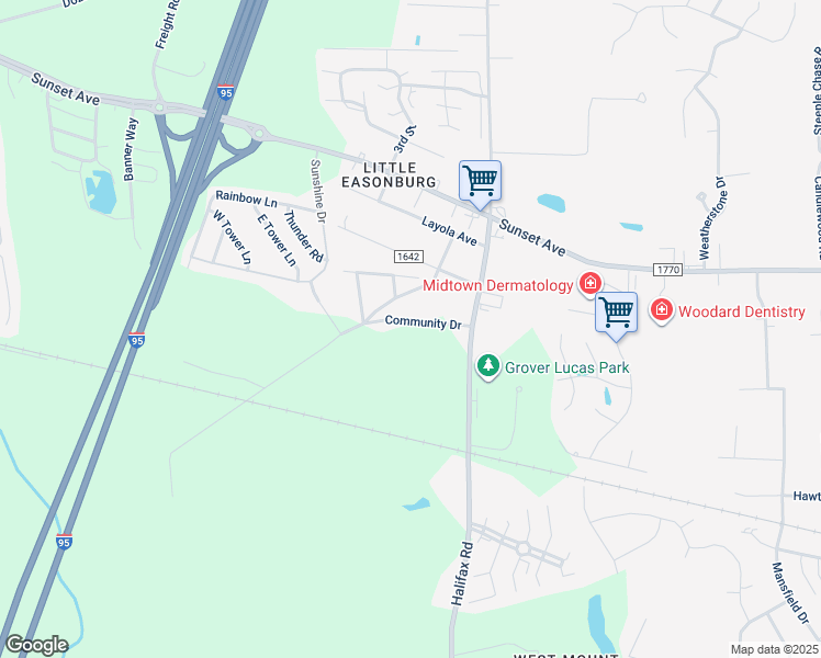 map of restaurants, bars, coffee shops, grocery stores, and more near Community Drive in Rocky Mount