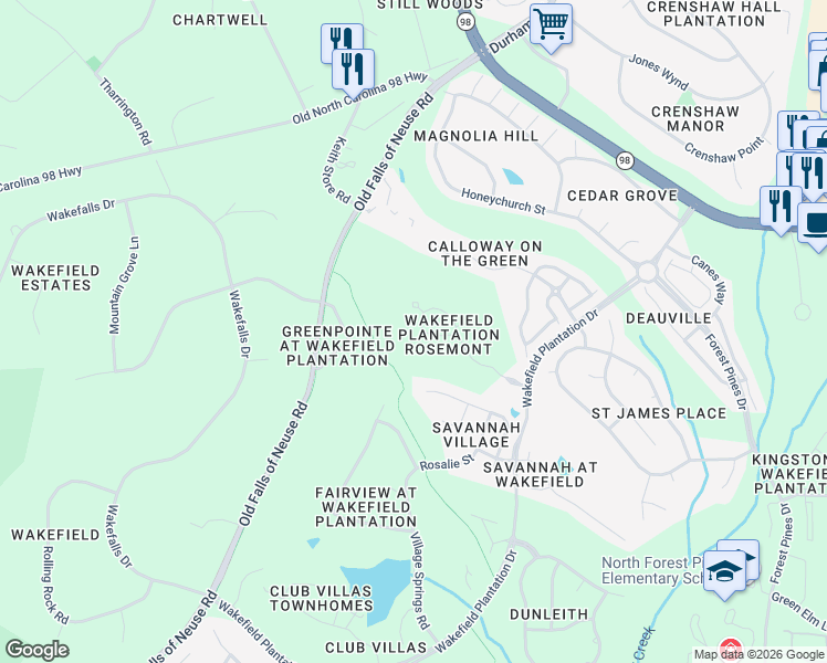 map of restaurants, bars, coffee shops, grocery stores, and more near 2333 Victoria Park Lane in Raleigh