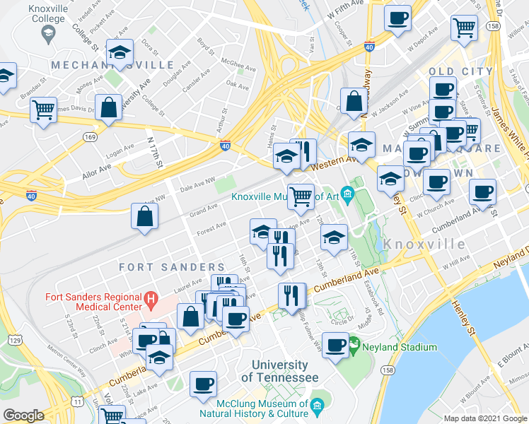 map of restaurants, bars, coffee shops, grocery stores, and more near 1516 Forest Avenue in Knoxville